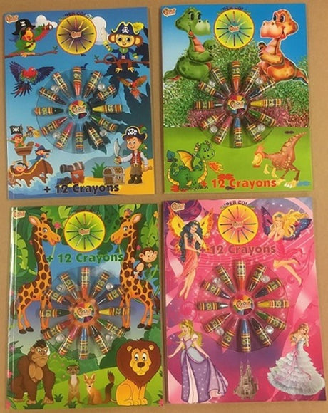 Livre de coloriage + crayons de lavage. 4 essieux 12 pièces