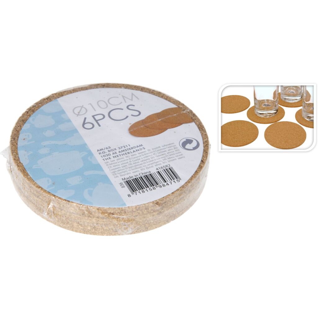 Sous-verres en liège Basic 10 cm 6 pièces