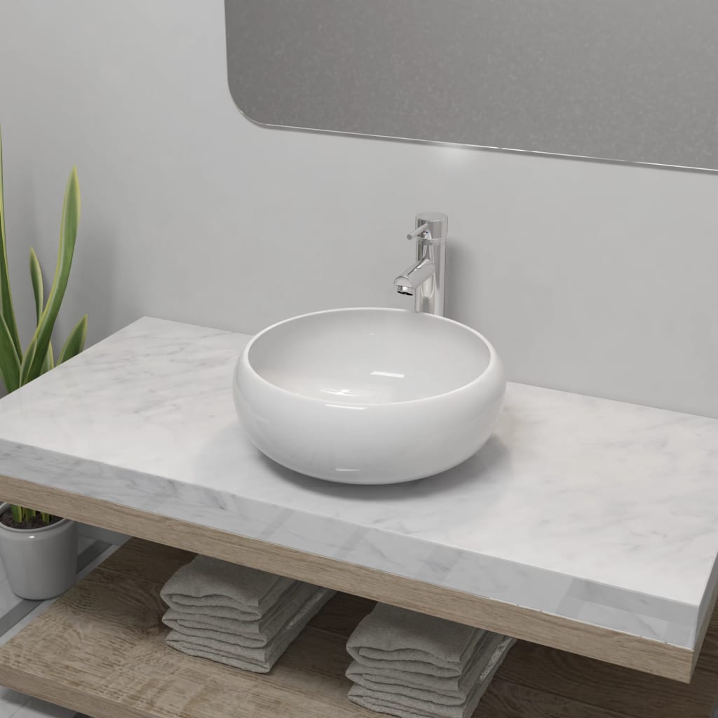 Vidaxl łazienka Washbasin z mieszaniem kranu okrągła ceramiczna biała