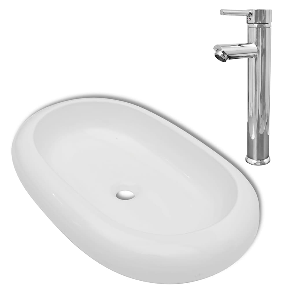 Vidaxl łazienka Washbasin z miksem Kucie owalne ceramiczne białe