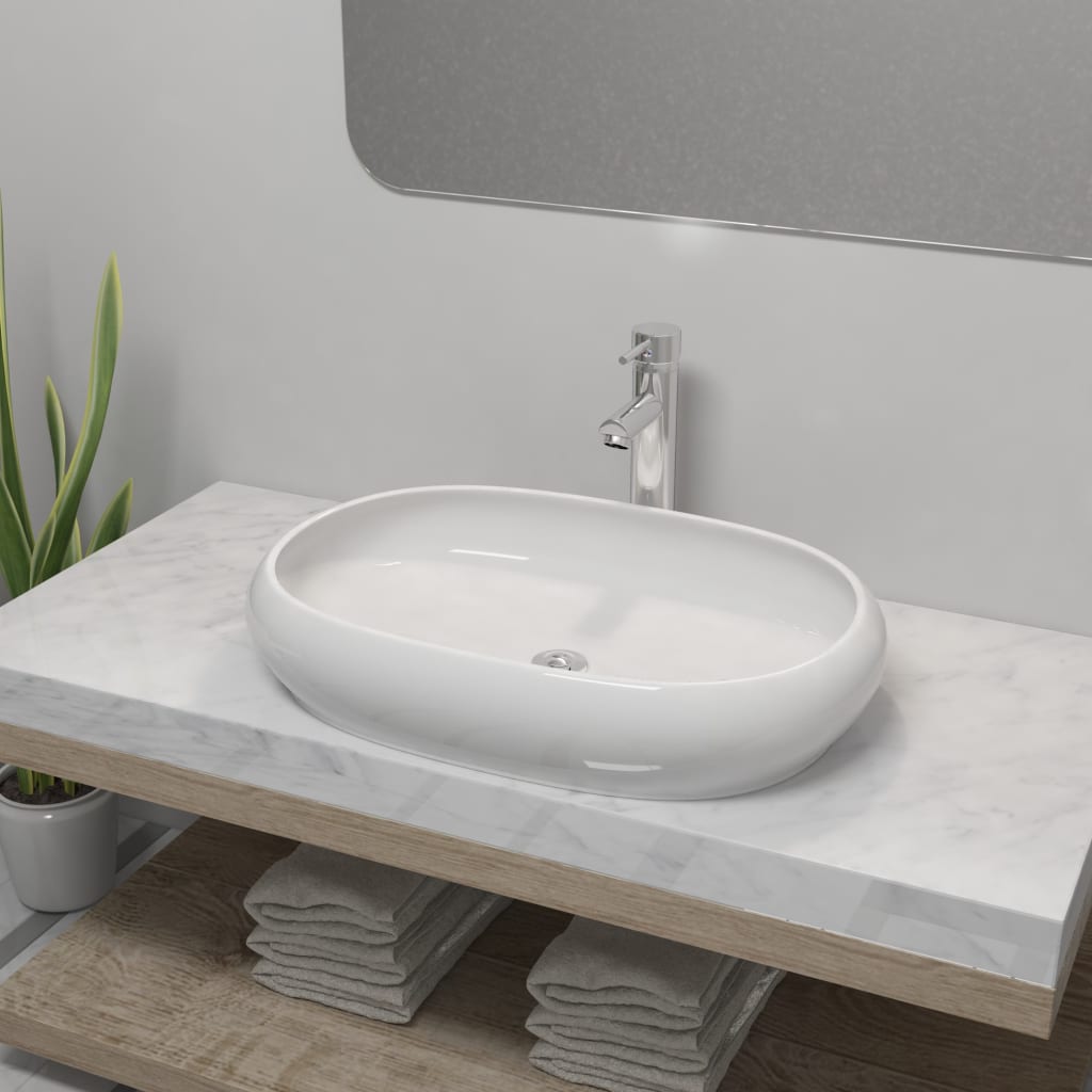 Vidaxl badeværelse Washbasin med blanding af hanen oval keramisk hvid