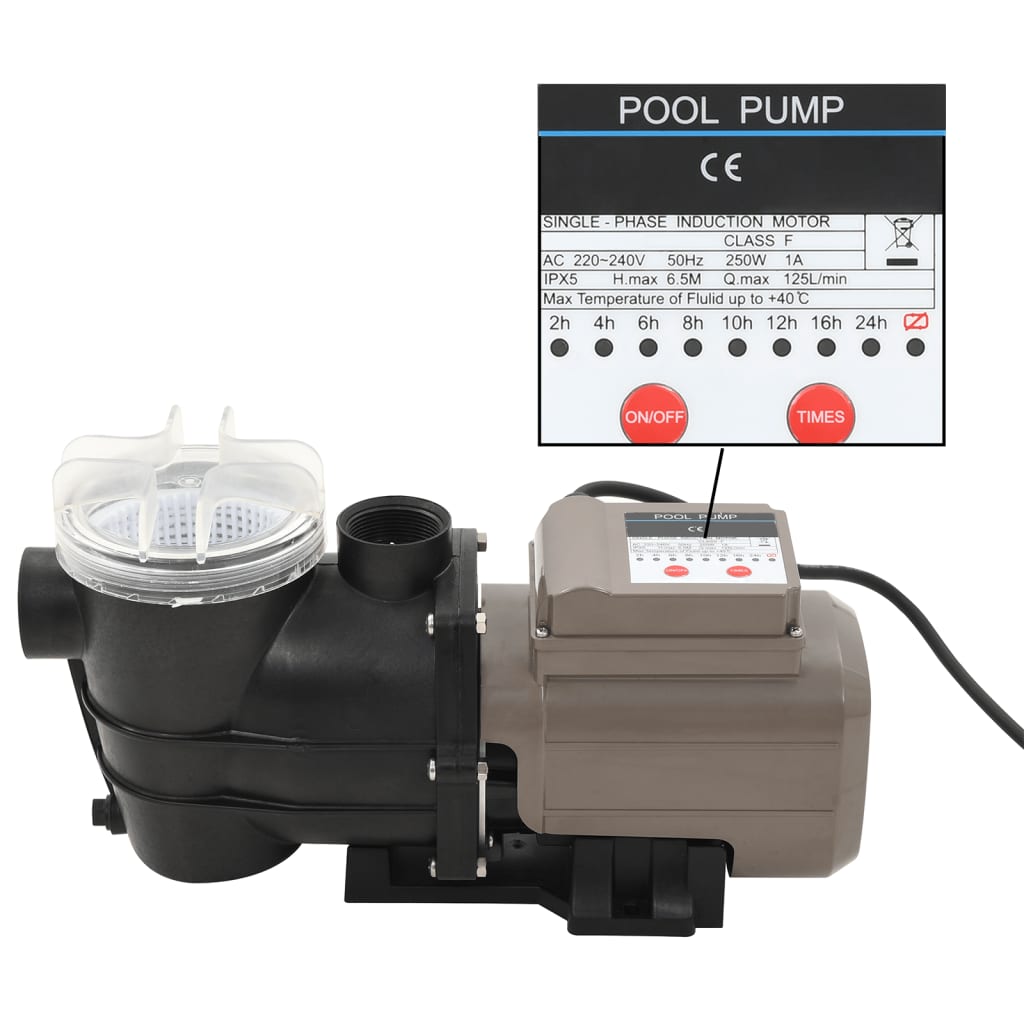 Vidaxl Swimming pool pump with timer 0.25 hp 8000 l u black