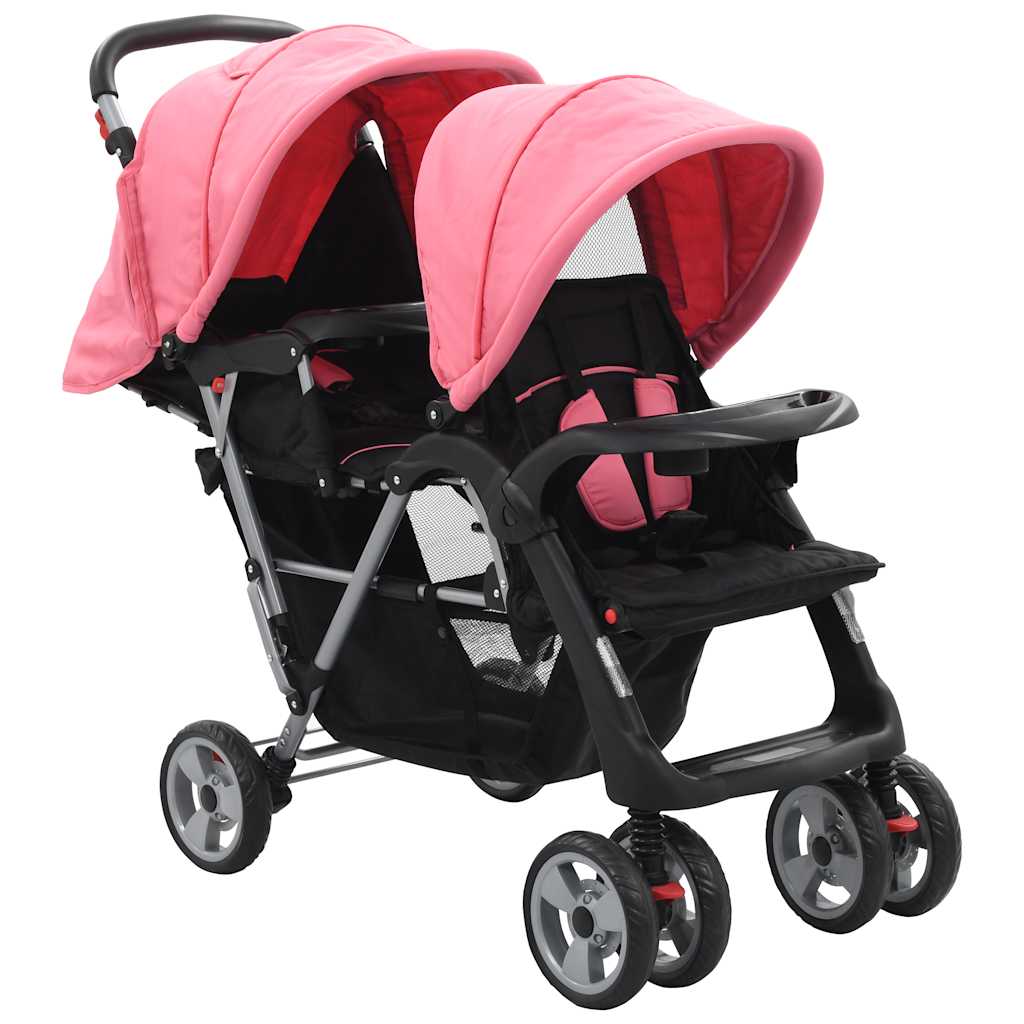 Vidaxl Pram double acier rose et noir