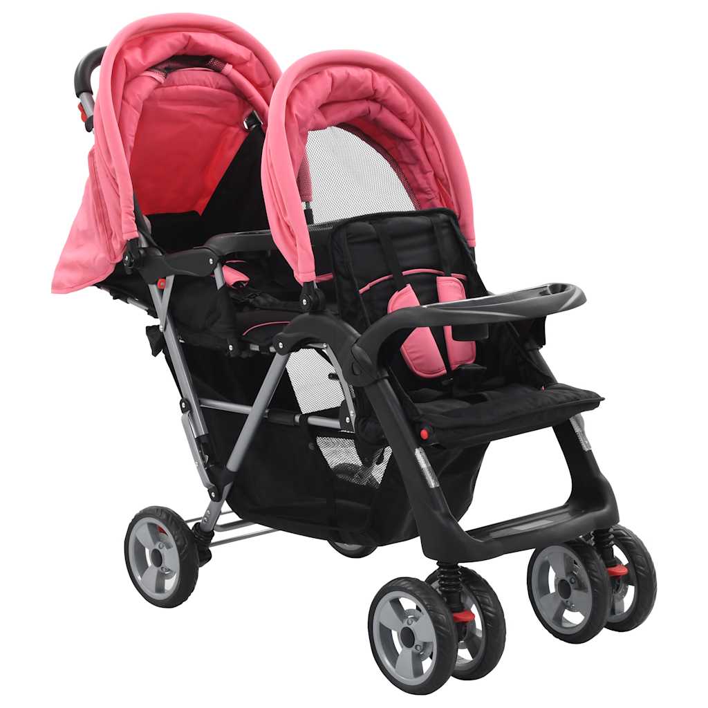 Vidaxl Pram double acier rose et noir