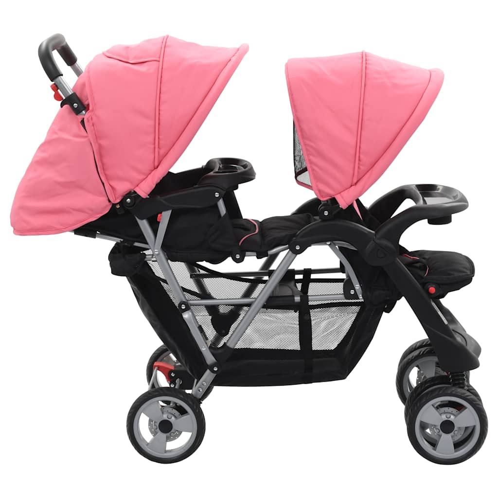 Vidaxl Pram double acier rose et noir