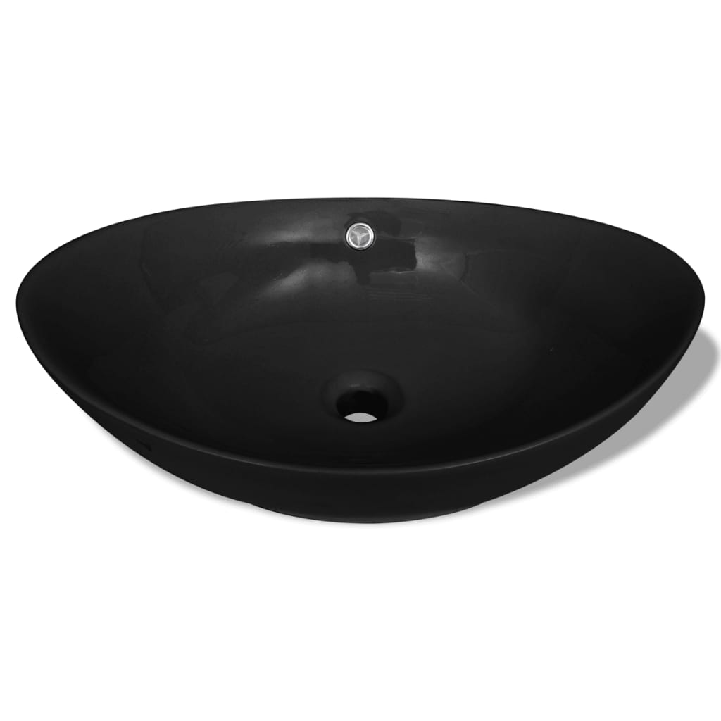 Vidaxl Washbasin con atterraggio in ceramica ovale nera 59 x 38,5 cm