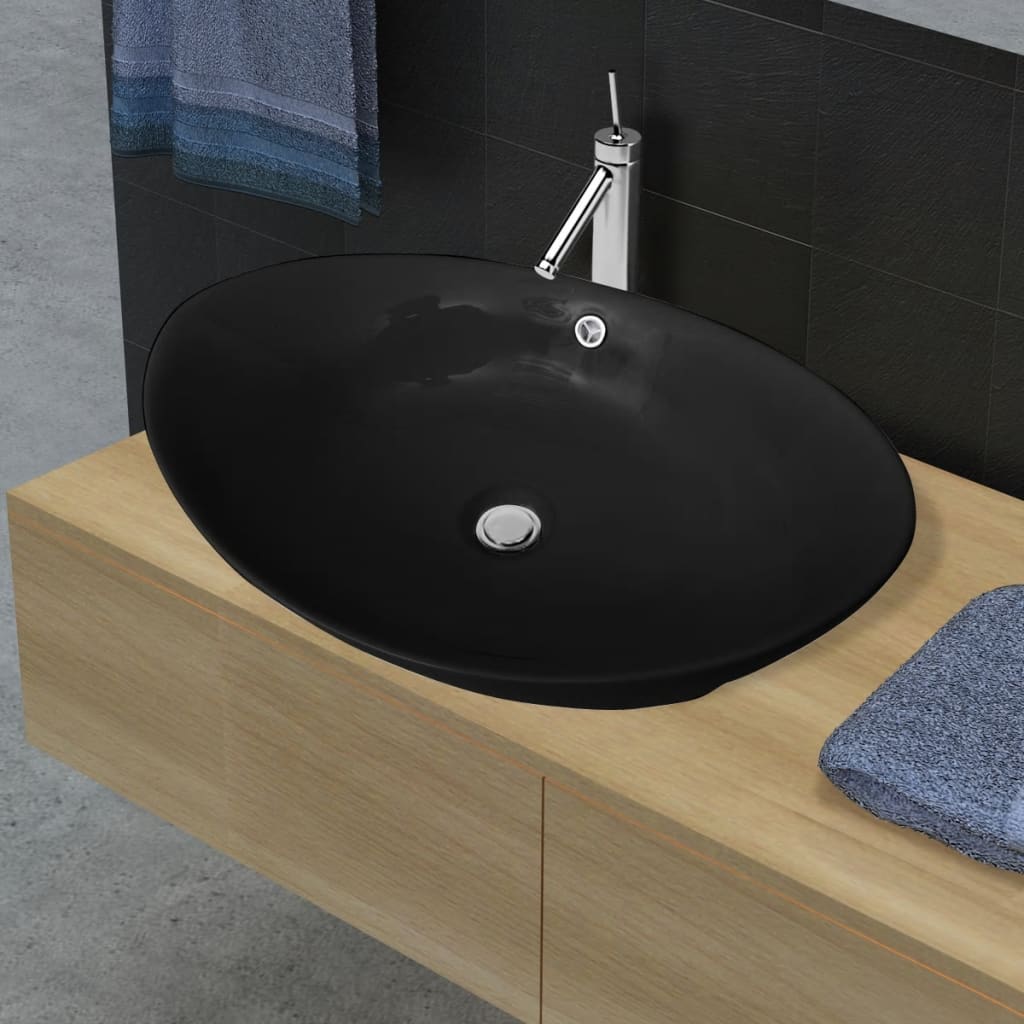 Vidaxl Washbasin con atterraggio in ceramica ovale nera 59 x 38,5 cm