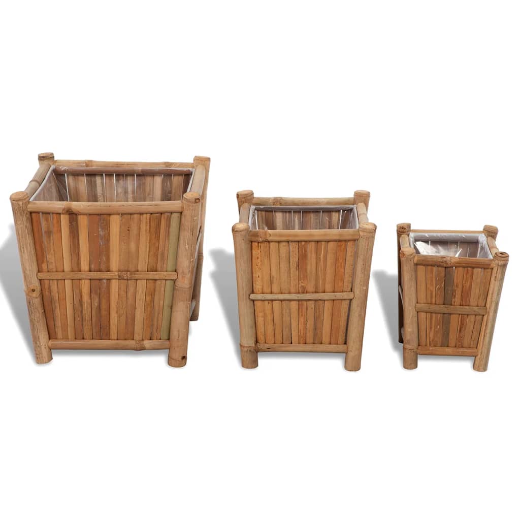 Vidaxl 3 St Planters Bamboo surélevé avec doublure en nylon