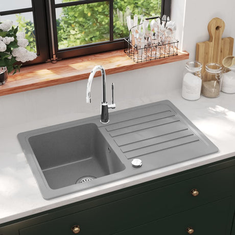 Vidaxl puits de granit récipient unique avec drain gris réversible