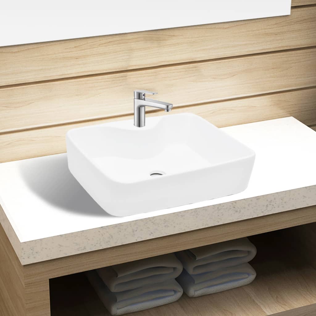 VidaXL lavabo avec trou pour robinetterie carré blanc en céramique