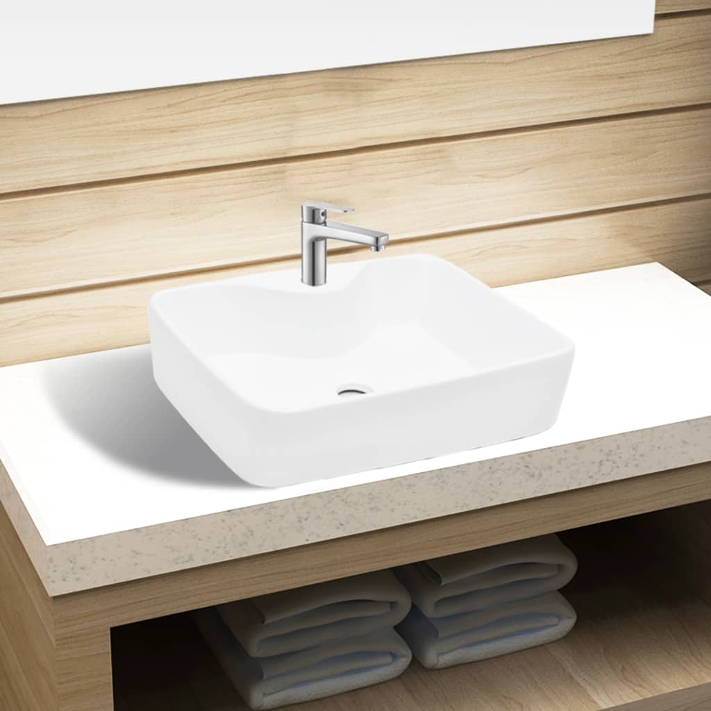 Vidaxl Washbasin con cigüeña de la grúa Cerámica cuadrada blanca