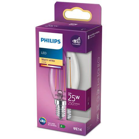 Lampe LED Philips - lampe bougie avec culot E14 - lumière blanc chaud : 2700k - 25w - verre transparent