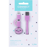 Kangaro k-58191006 dresz câble de chargement micro-USB 2 en 1 + broches lèvres rose