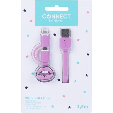 Kangaro k-58191006 dresz câble de chargement micro-USB 2 en 1 + broches lèvres rose