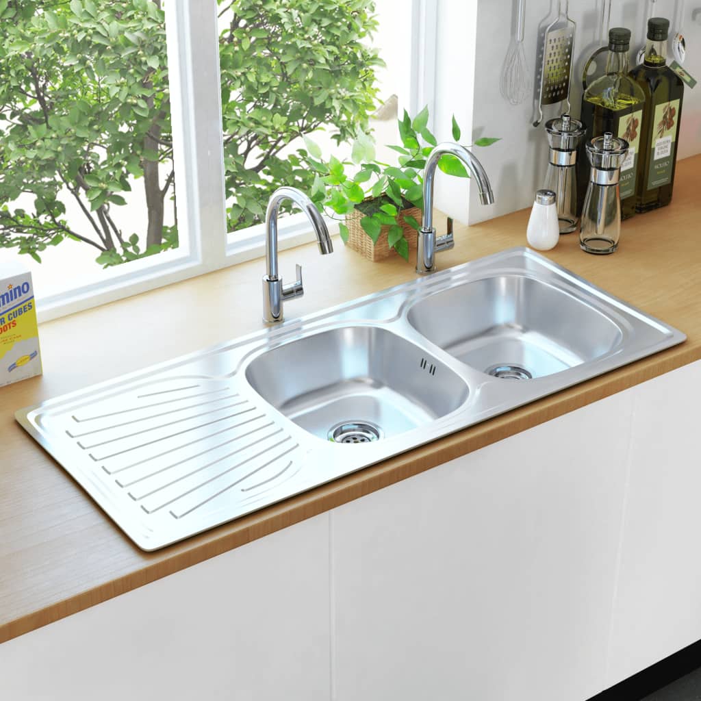 Vidaxl sink double bowl with drain and swan neck stainless steel