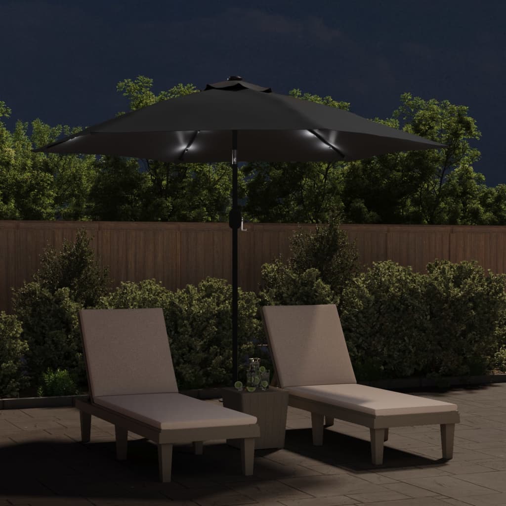 Parasol vidaxl avec éclairage LED et poteau en acier 300 cm noir