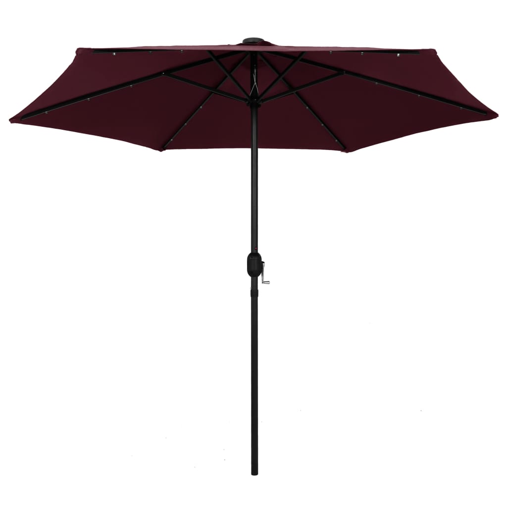 Vidaxl -parasol med LED -belysning aluminiumstang 270 cm Bordeaux rød