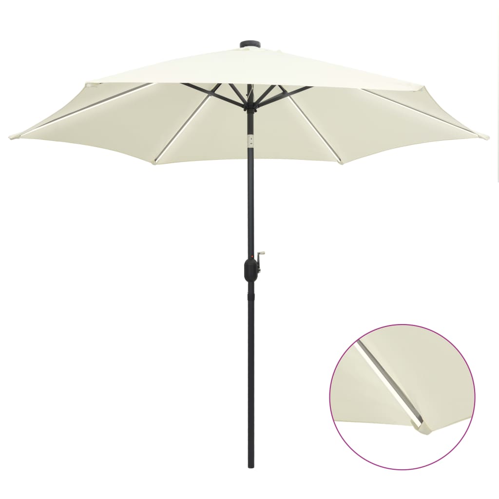 Parasol Vidaxl con iluminación LED y poste de aluminio de 300 cm blanco arenoso