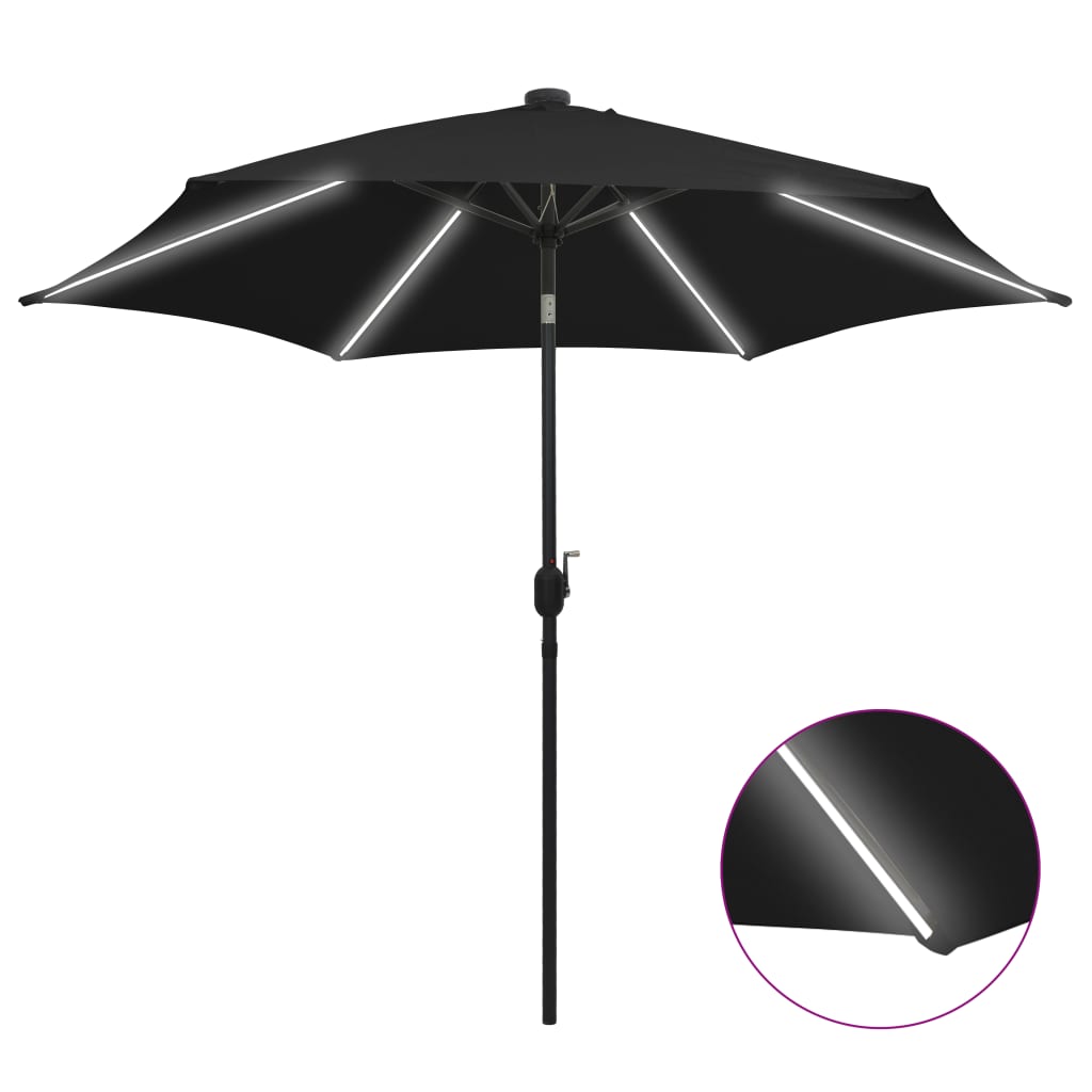 Parasol vidaxl avec éclairage LED et poteau en aluminium 300 cm noir