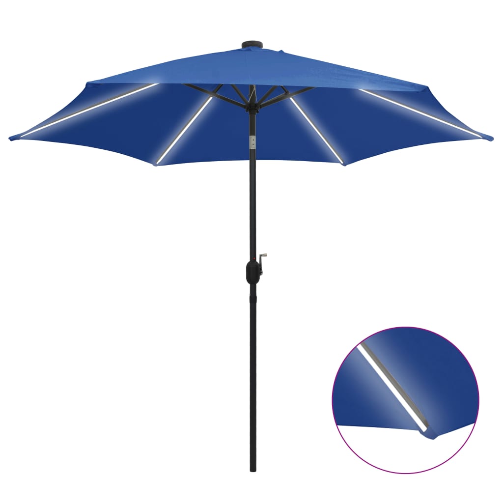 Vidaxl -Parasol mit LED -Beleuchtung und Aluminiumpol 300 cm Azurblau