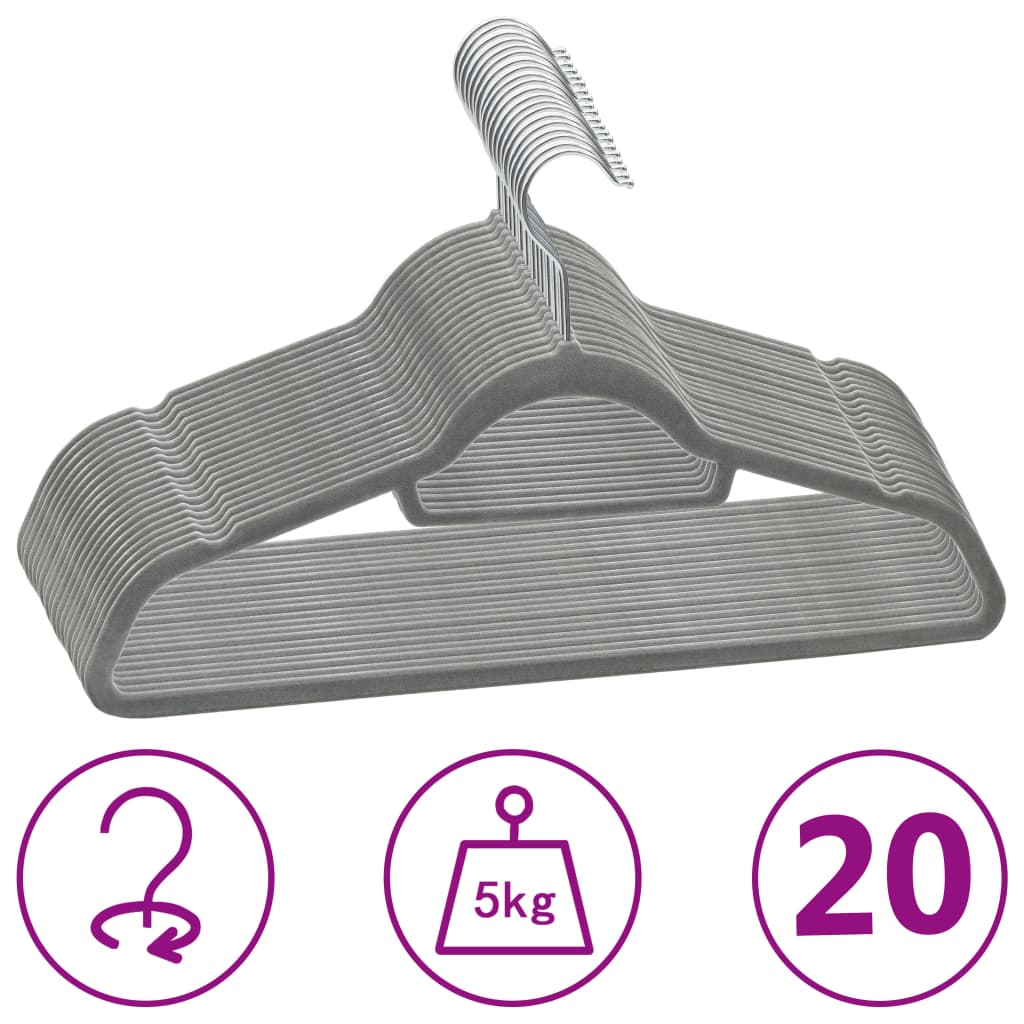 Vidaxl 20-delige kledinghangerset anti-slip fluweel grijs