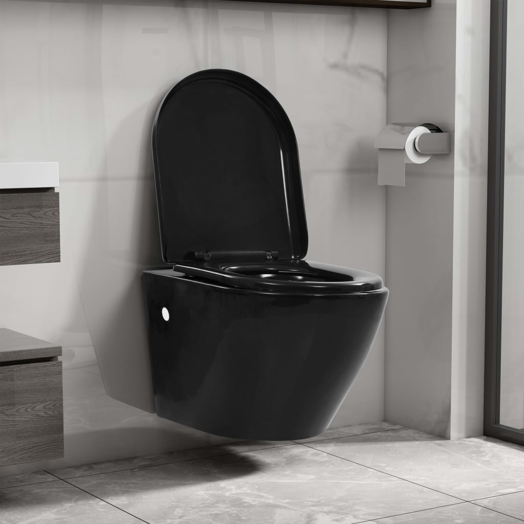 Vidaxl Toilet suspendu avec citerne cachée noire en céramique