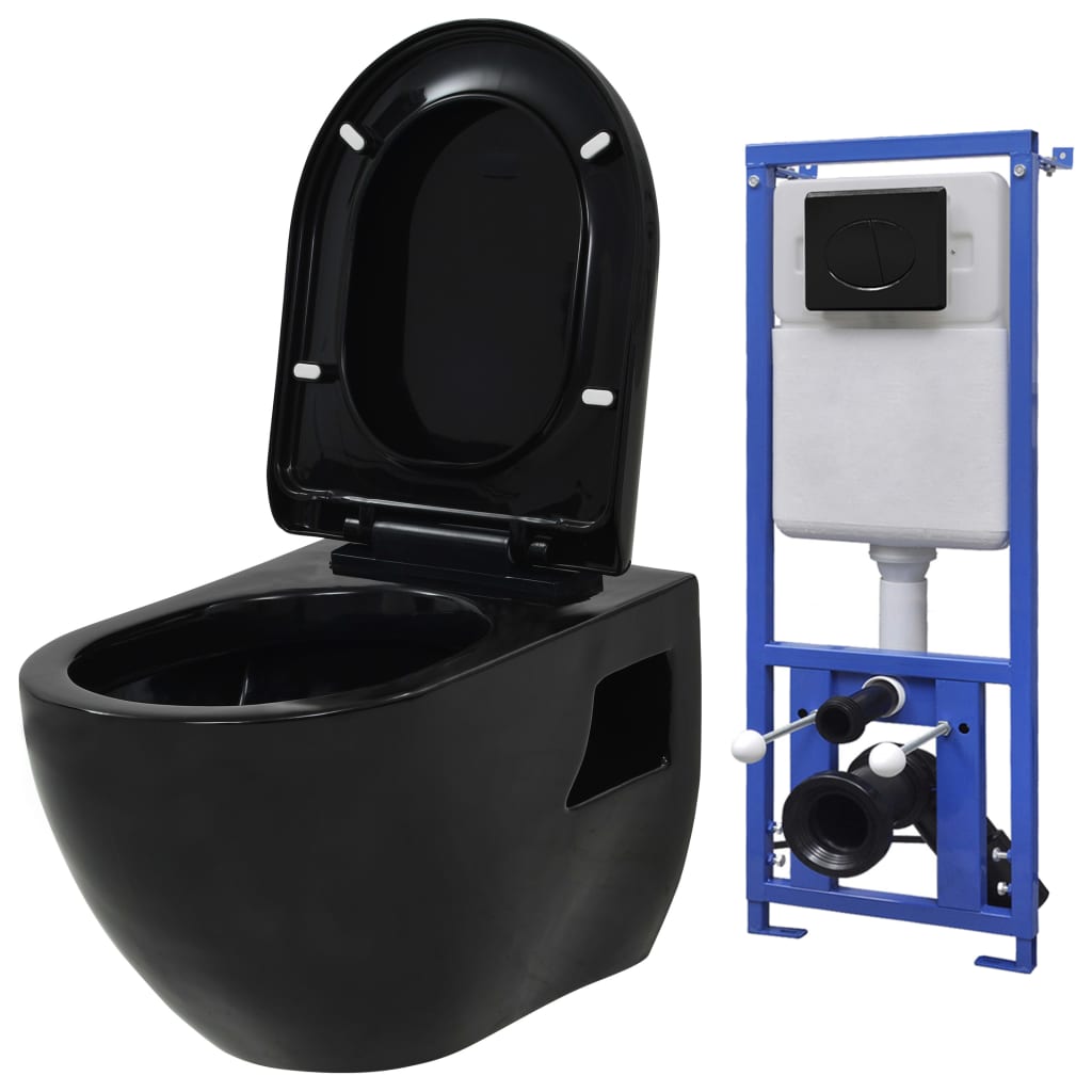 Vidaxl Toilet suspendu avec citerne cachée noire en céramique