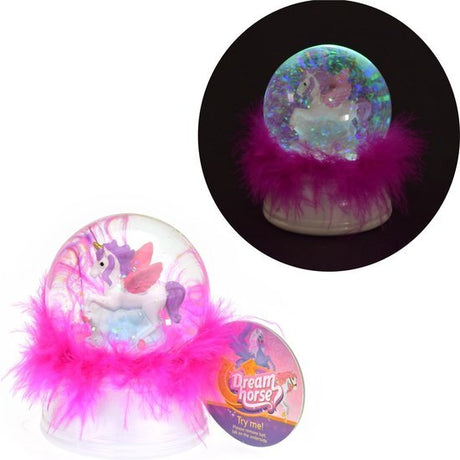 Licorne boule à neige cheval de rêve avec plumes et lumière