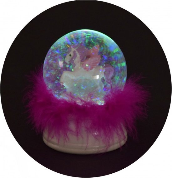Licorne boule à neige cheval de rêve avec plumes et lumière