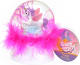 Licorne boule à neige cheval de rêve avec plumes et lumière