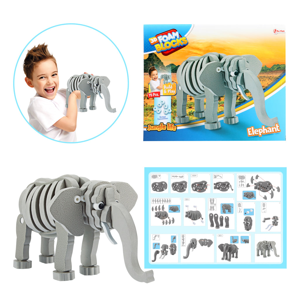 Toi-toys 3d puzzle elephant junior 31,5 cm mousse grise 75 pièces