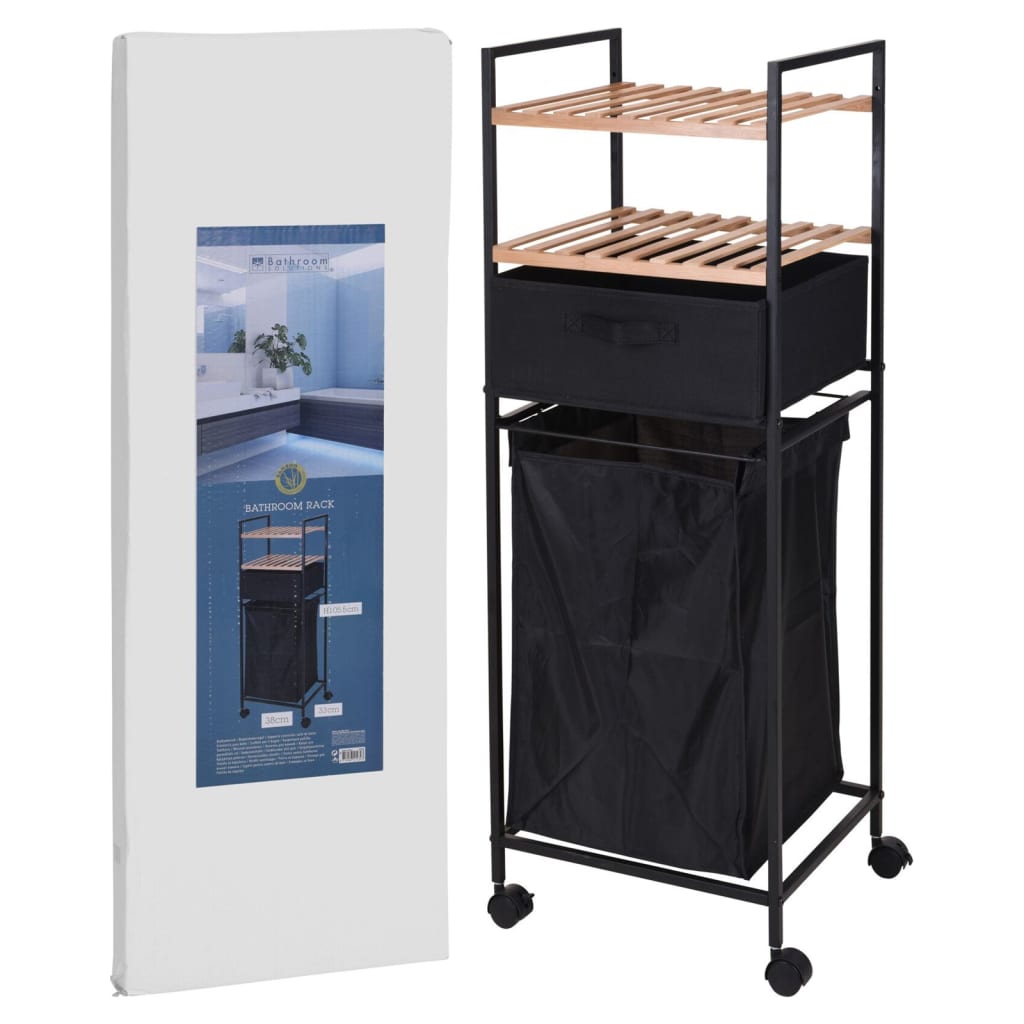 Solutions de salle de bain Rack de rangement avec 2 étagères et panier à linge 109 cm de bambou