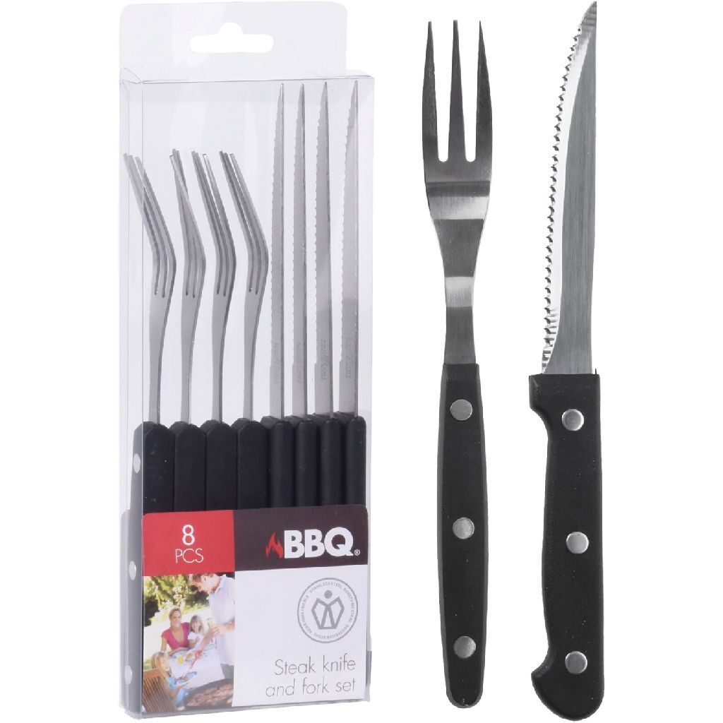Couteaux et fourchettes à steak BBQ 8 pièces en acier inoxydable noir