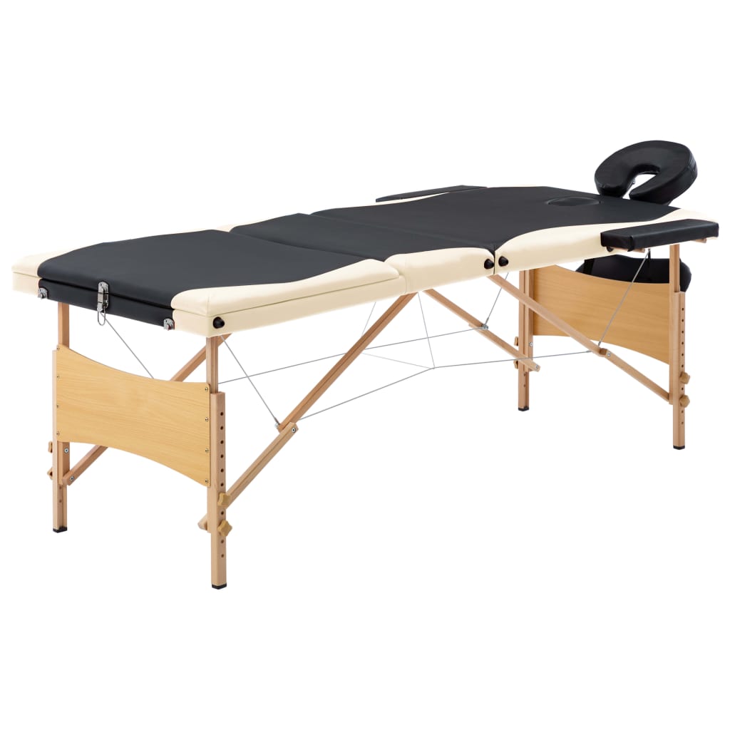 Vidaxl -Massage -Tabelle zusammenklappbar 3 Zonen Holz schwarz und beige