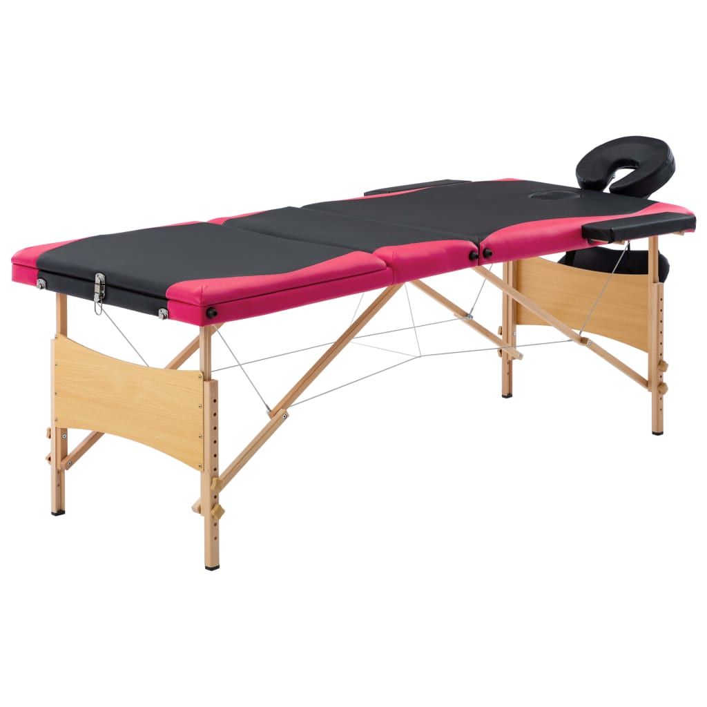 Vidaxl Massage table Collapsible 3 Zones Wood Black and Pink