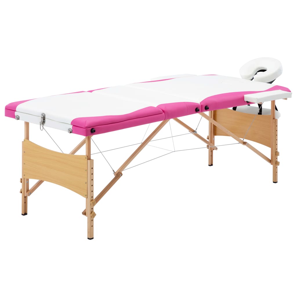 Table de massage vidaxl pliable 3 zones Blanc et rose en bois et rose