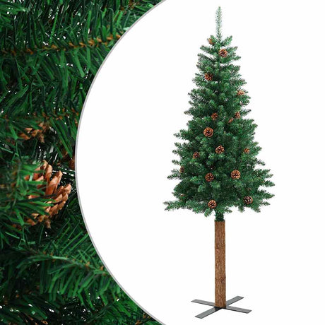 Vidaxx Sapin de Noël avec bois véritable et pommes de pin étroit 150 cm PVC vert