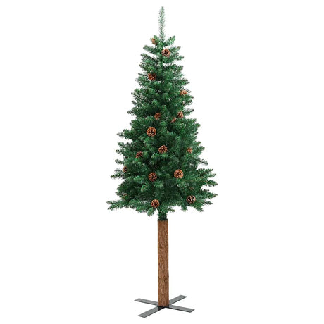 Vidaxx Sapin de Noël avec bois véritable et pommes de pin étroit 150 cm PVC vert