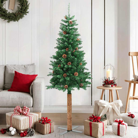 Vidaxx Sapin de Noël avec bois véritable et pommes de pin étroit 150 cm PVC vert