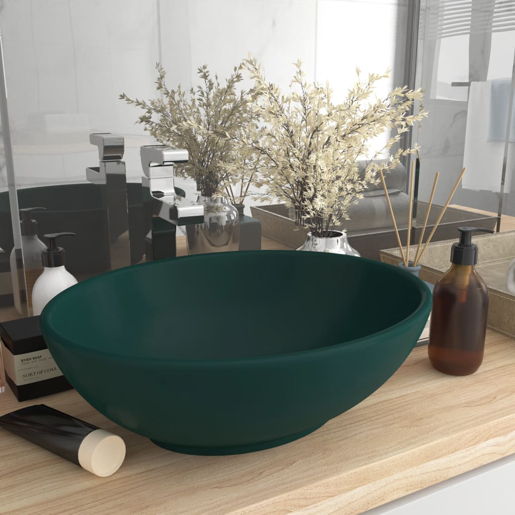 Vidaxl Washbasin oval 40x33 cm keramika matt temno zelena