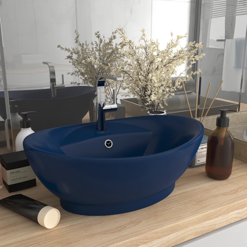 Vidaxl Washbasin z pristaniščem oval 58,5x39 cm keramika matt temno modra