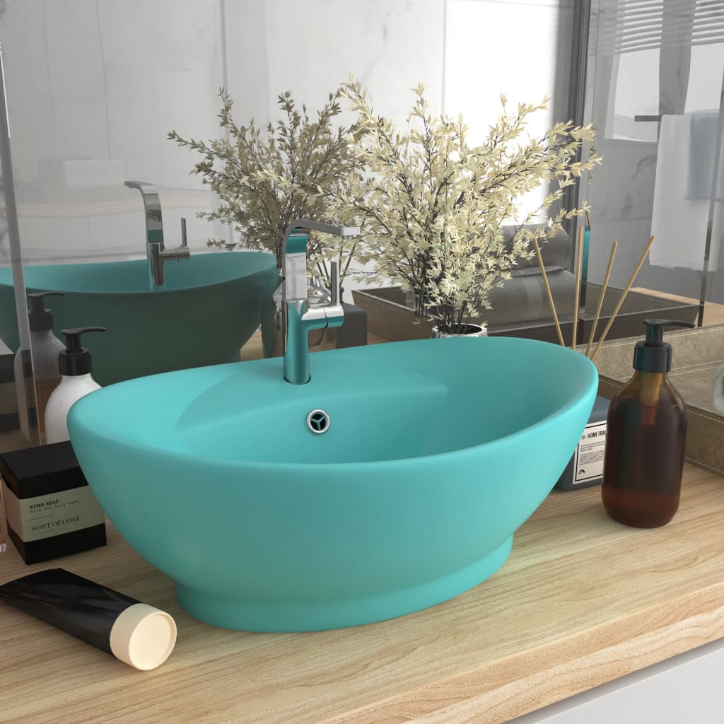 VidaXL Washbasin with landing oval 58.5x39 cm ceramic matt light green