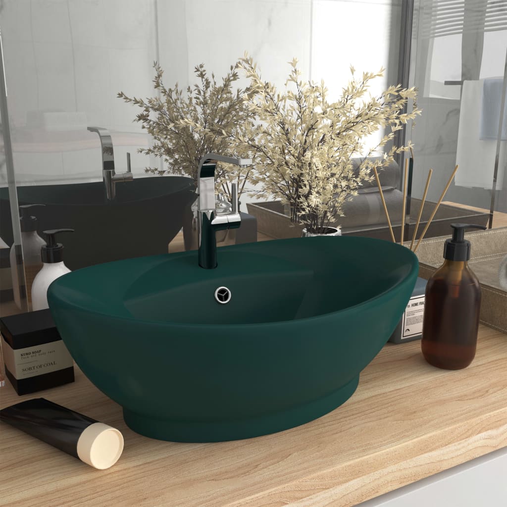 Vidaxl Washbasin z lądującym owalnym 58,5x39 cm ceramiczny Matt Dark Green