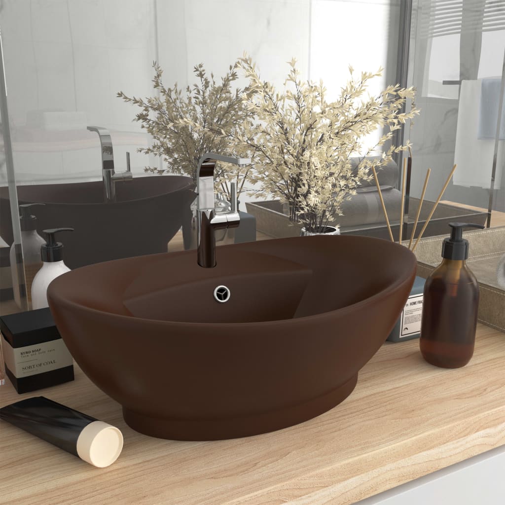 Vidaxl Washbasin con atterraggio ovale 58.5x39 cm ceramico Matt scuro marrone