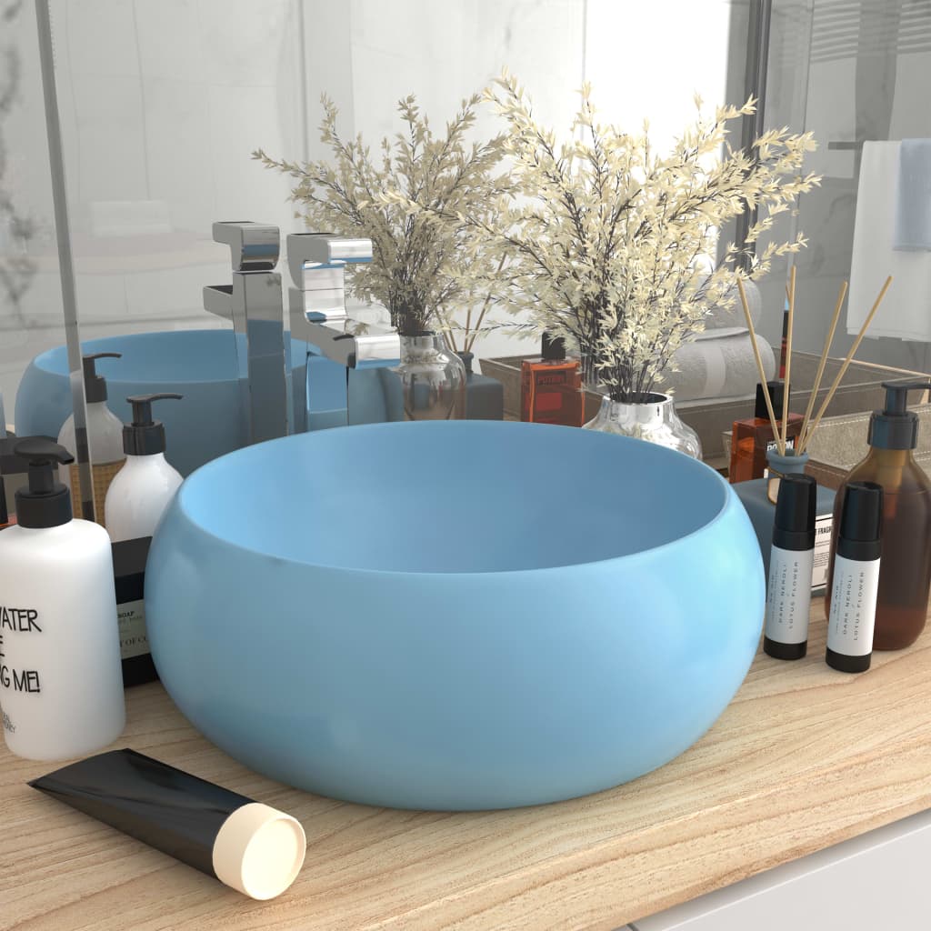 Vidaxl Washbasin Round 40x15 cm Ceramic Matt Blu chiaro