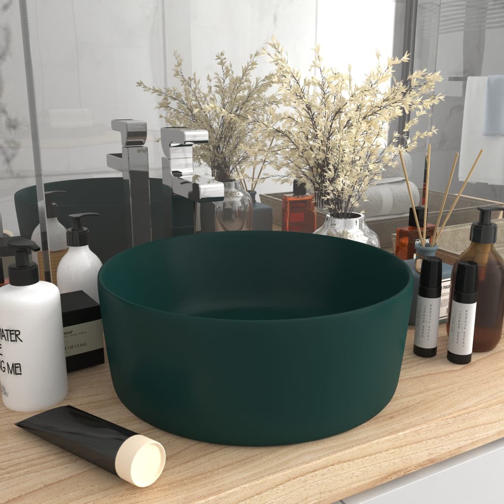 Vidaxl Washbasin Round 40x15 cm tappetino ceramico verde scuro