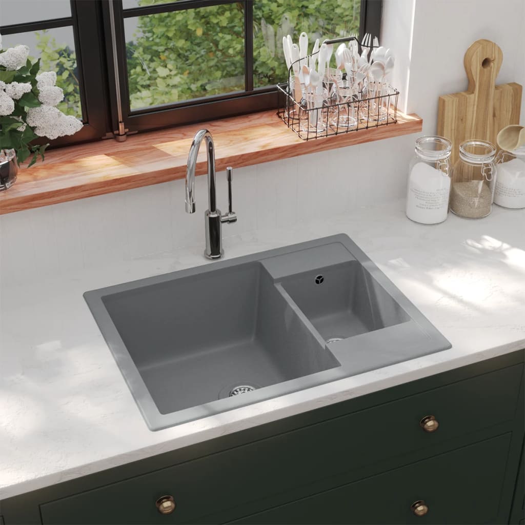 Vidaxl sink double bins with overflow hole granite gray