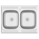 Évier Vidaxl avec double récipient 800x600x155 mm en acier inoxydable en argent