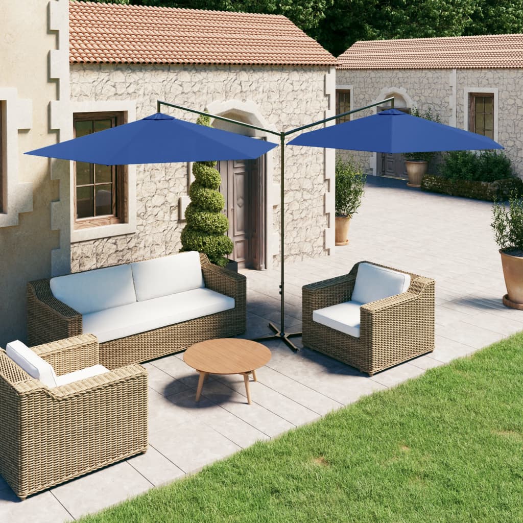 Vidaxl Parasol Double z jeklenim drogom 600 cm azure modra