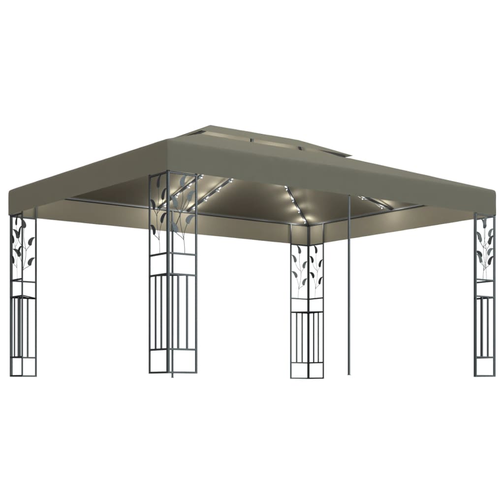 Vidaxl Arbor con doppio tetto e ghirlanda leggera a LED 3x4 m taupe